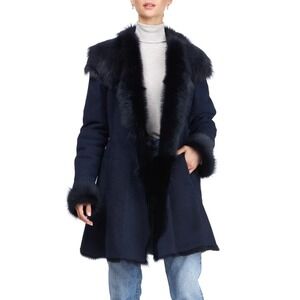 HSO Womens Navy Blue Real Fur Shearling Sheepskin Leather Coat Size S